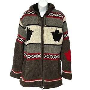 NEPAL HAND Knit Sweater Jacket 100% Wool Maple Leaf Canada Size XXL runs small